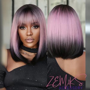 Purple Pink Ombre Black Short Straight Synthetic Wigs With Bangs Bob Wig For Women Daily Cosplay Party Heat Resistant Fake Hair