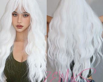 26 Inch Long White Wigs With Bangs Natural Wavy Hair Synthetic Wigs For Women Daily Cosplay Party Wigs