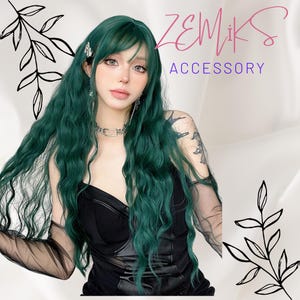 Dark green Medium Part Bangs Long Curly 28-Inch Daily Simulation Scalp Natural Woman Wigs for party Cosplay wedding Black Friday