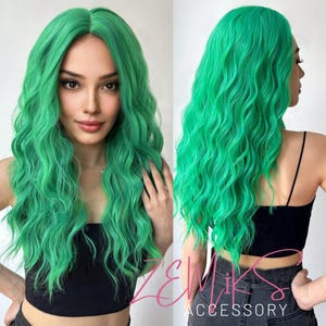 With Bangs Green Color 26 Inch Heat Resistant Fiber Natural Wave Synthetic Wigs For Women Girls Party Daily Use