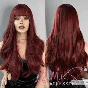 Burgundy Wigs For Women Long Wavy Wig With Bangs Synthetic Heat Resistant Fibre Wine Red Wigs For Girls Daily Party Use 26 Inch