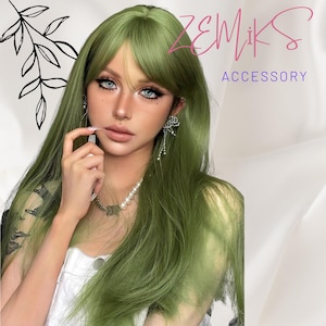 green synthetic heat-resistant straight hair wig, 24 inches long, made of fiber, suitable for daily use, natural and realistic fake wig