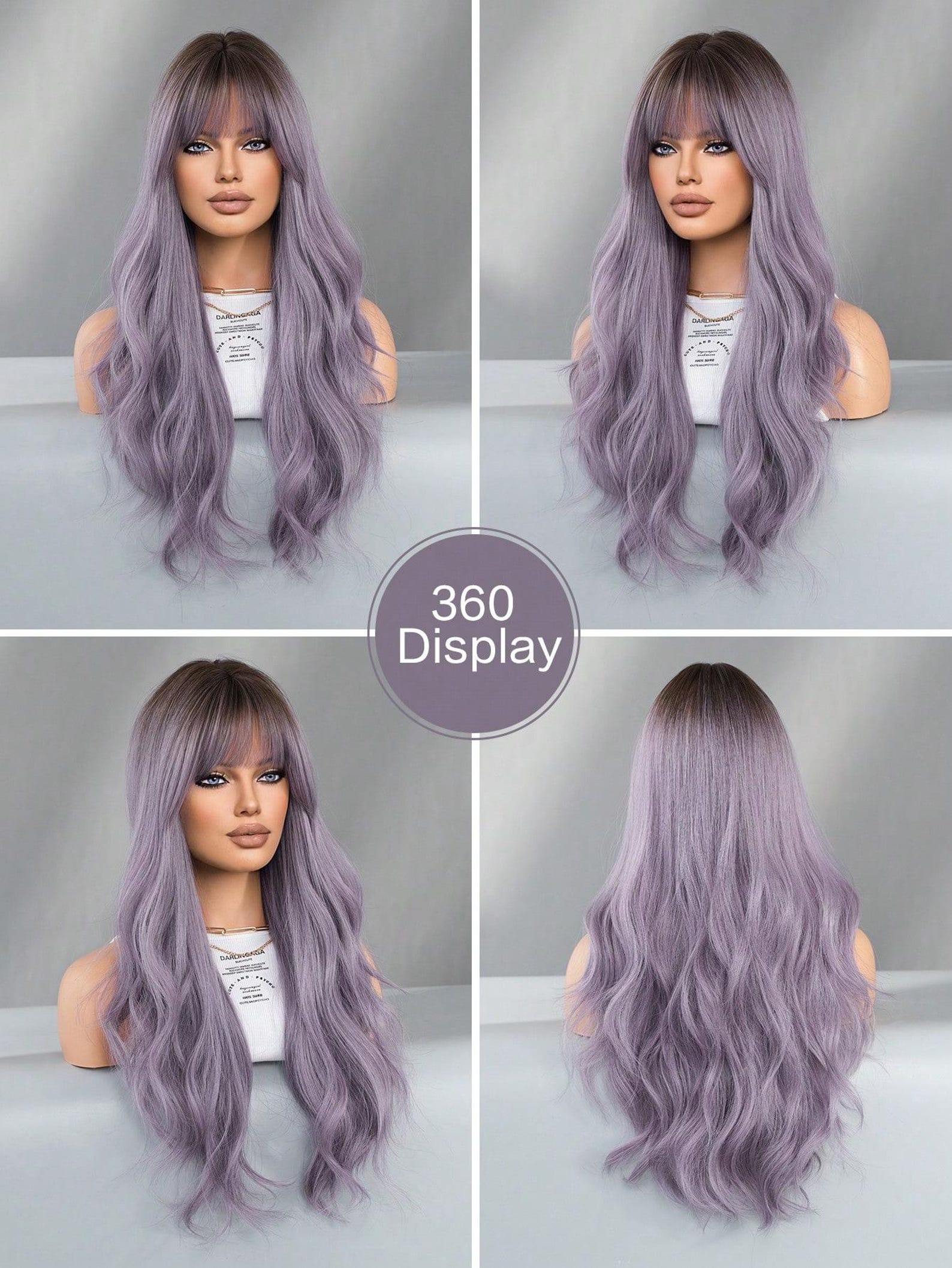 Long Brown Purple Mixed Wave Synthetic Wig With Bangs