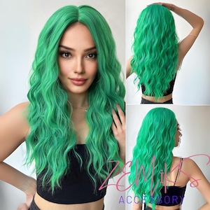 Water Wave Wigs With Bangs Green Color 26 Inch Heat Resistant Fiber Natural Wave Synthetic Wigs For Women Girls Party Daily Use