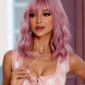 Pink 14 Inch Short Straight Bob Wigs With Bangs Wigs Nature And Soft Synthetic Fiber Hair Replacement Wigs For Women For Daily Party Use
