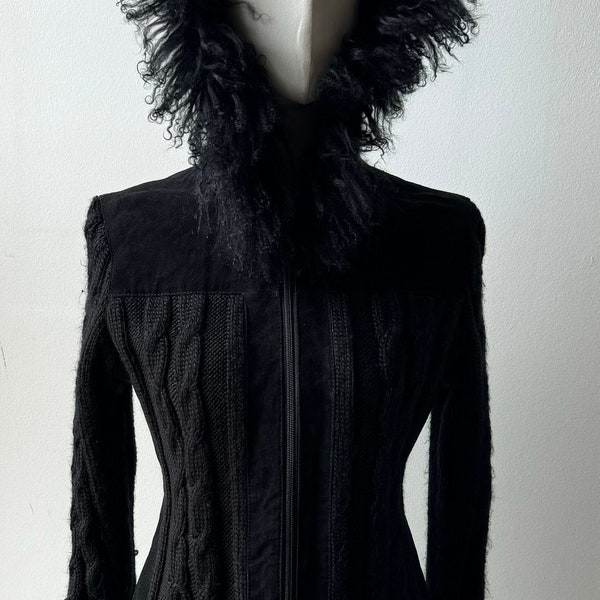 Gorgeous Y2K Phosphorus Black Suede Jacket With Floral Embroidery And Fur Collar, Cuffs & Hem Fringe Boho Retro Goth Coachella NWT