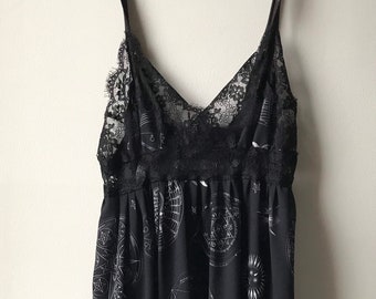 Cosmic Drifters Black Slip Dress Camisole With Occult Design Goth Witch Pagan Goth Solstice Occult Bohemian