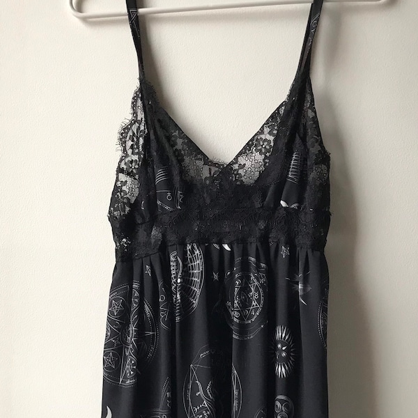 Cosmic Drifters Black Slip Dress Camisole With Occult Design Goth Witch Pagan Goth Solstice Occult Bohemian