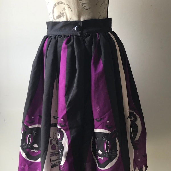 The Oblong Box Shop Purple Owls Skulls & Black Cats Skirt Goth Halloween