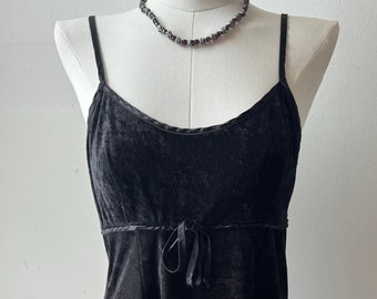 Vintage Y2K Black Crushed Velvet Spaghetti Straps Babydoll Slip Dress Mall Goth Emo Hot Topic Lolita