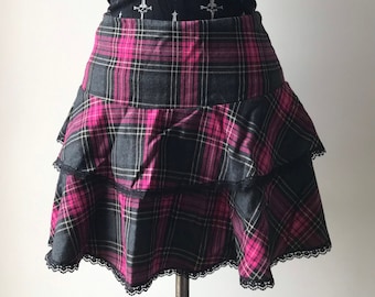 Pink Tartan Plaid Pleated Tiered Ruffle Miniskirt Punk Goth Frill Lolita