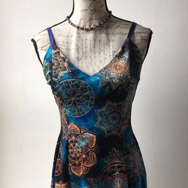 BlackMilk Spirograph Black/Blue Velvet Strappy Skater Dress With Celestial Design Goth Witch Punk Rave