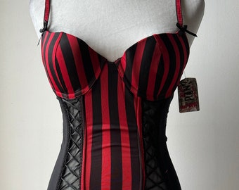 Sexy Y2K Vintage Morbid Threads Red/Black Vertical Lingerie Corset Top Mall Goth Pinup Clubwear Fetish Steampunk