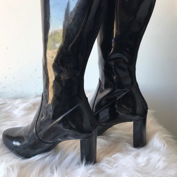 Vintage Nine West Tall Shiny Black Vinyl Go Go Boots Goth Fetish 90s Y2k