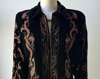 Rare Vintage Black Velvet Blazer Jacket With Orange Metallic Floral Embroidery Goth Hippie Boho Retro Steampunk