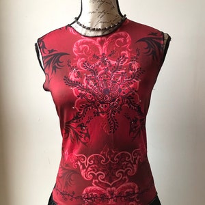 Vintage Y2k Red & Black Tattoo Swirl Top With Rhinestones Mall Goth Emo Lolita Pinup Punk Retro Rave