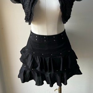 Vintage Y2K Illig Black Miniskirt With Metal Rivets & Tiered Hem Goth Industrial Schoolgirl Lolita Pinup
