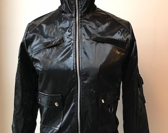 Y2K Shiny Black Bomber Moto Jacket With Multiple Snap Pockets Mall Goth Fetish Vinyl PVC Punk Rocker