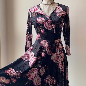 Crushed Velvet Skater Dress - Black With Pink Roses Whimsical Goth Grunge Punk Rocker Fairy Folk Witch