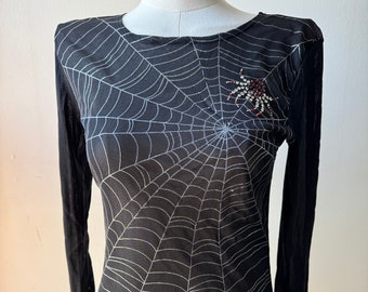 Y2K Vintage DKNY Jeans Spider Web Mesh Blouse With Red Jeweled Spider Goth Halloween Emo Lolita