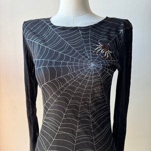Y2K Vintage DKNY Jeans Spider Web Mesh Blouse With Red Jeweled Spider Goth Halloween Emo Lolita image 1