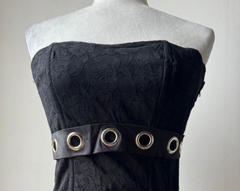 Y2K Vintage Tripp NYC Black Textured Floral Pattern Sleeveless Corset Top With Ribbon Back Laces Mall Goth Emo Clubwear Hot Topic