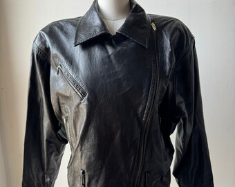 Vintage dames zwart zacht leren motorjack met offset rits Harley Rocker Goth Retro