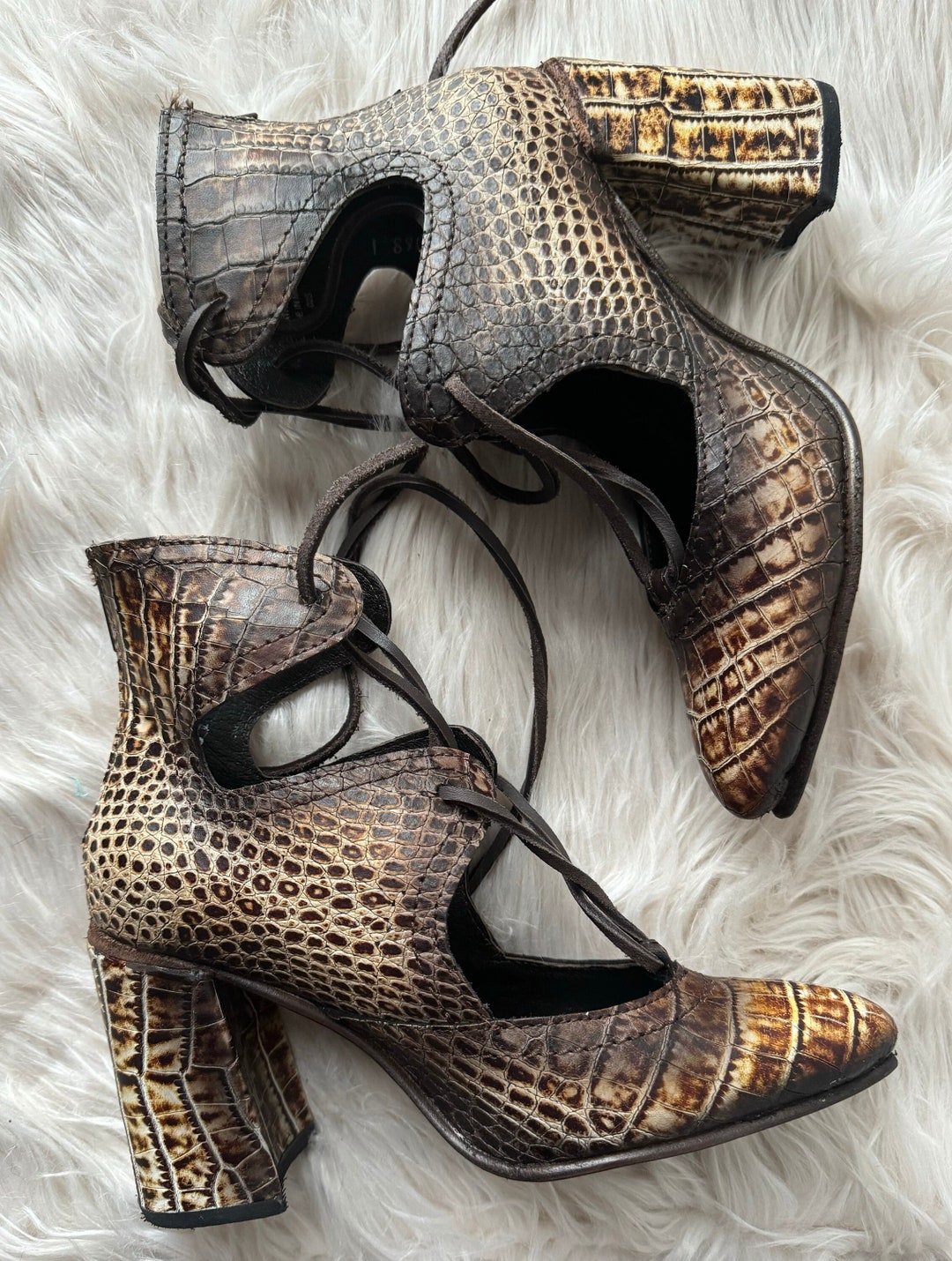 Vintage Freebird by Steven Joyce Reptile Print Distressed Leather Chunky Heel Shoes Ankle Boots 70s Hippy Rockstar Woodstock Retro Etsy