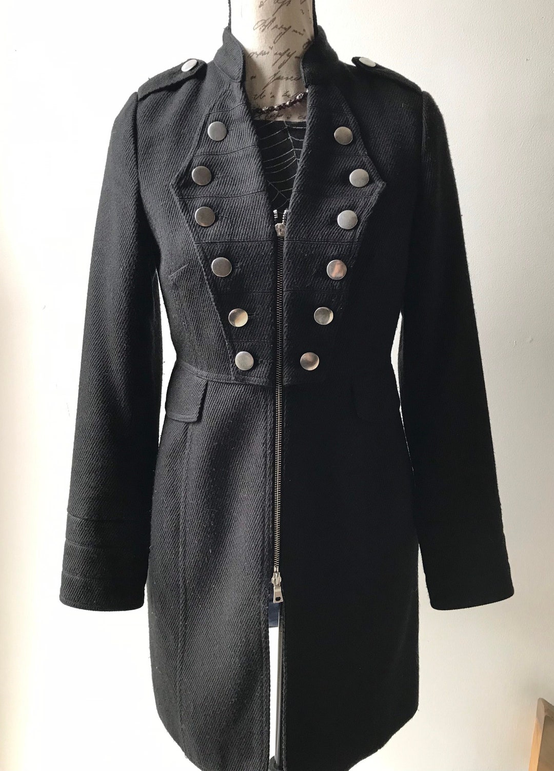 Vintage Womens Black Military Coat Jacket With Decorative Buttons Goth