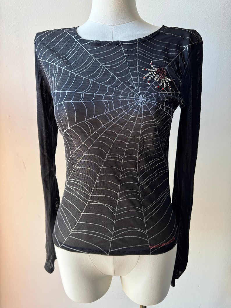 Y2K Vintage DKNY Jeans Spider Web Mesh Blouse With Red Jeweled Spider Goth Halloween Emo Lolita image 1