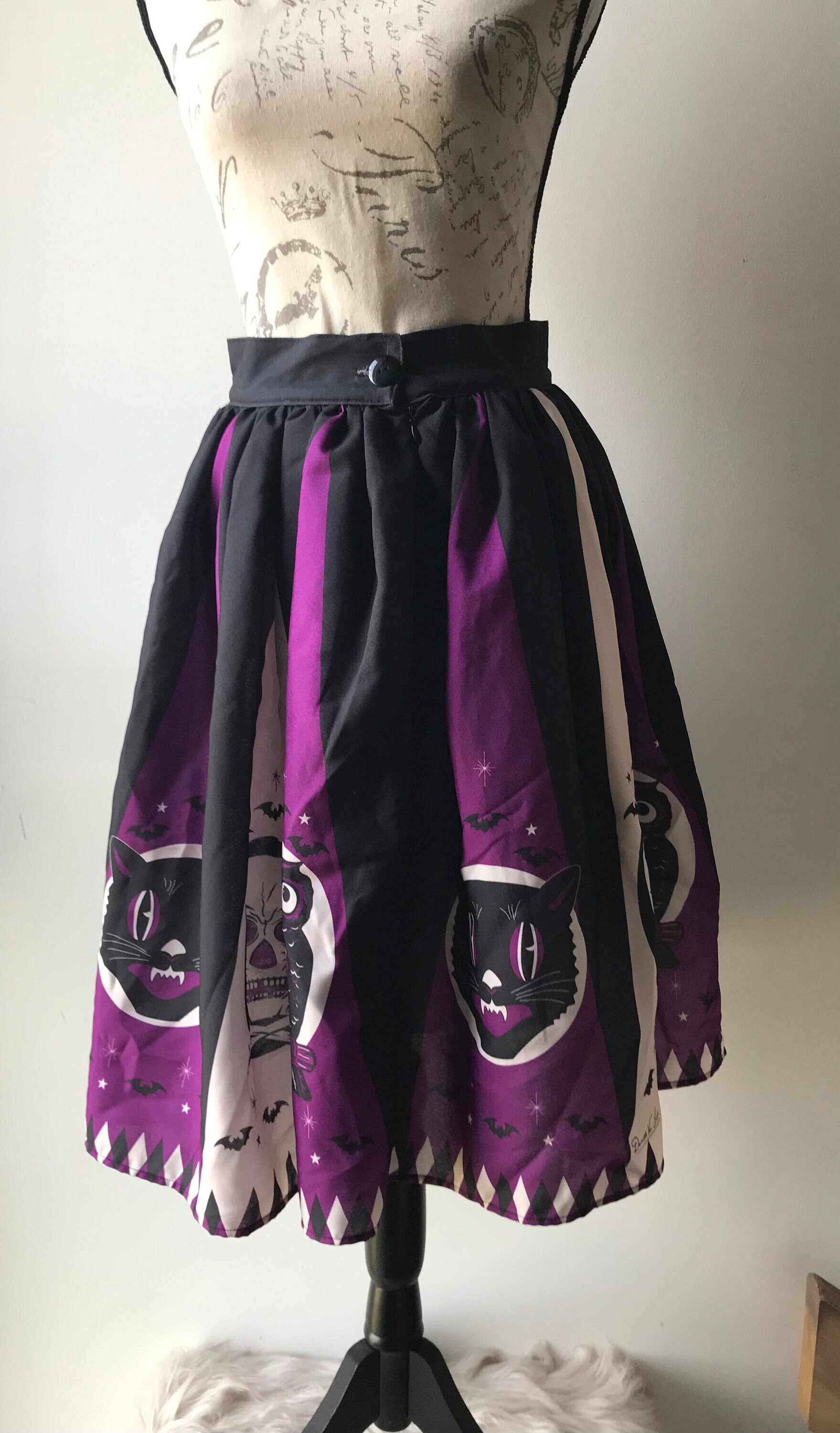 The Oblong Box Shop Purple Owls Skulls & Black Cats Skirt Goth Halloween