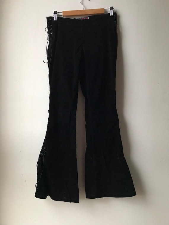 Unique Lace-Up Sides Black Velvet Velour Woman’s Flared Leg Pants Mall Goth Hot Topic Emo Rockstar Disco Punk Rock 90's y2k