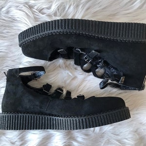 T.U.K. Black Faux Suede Pointed Toe Multi Strap Creepers Platform Mary Jane Shoes Goth Punk Emo Skater Cottagecore Dark Rave