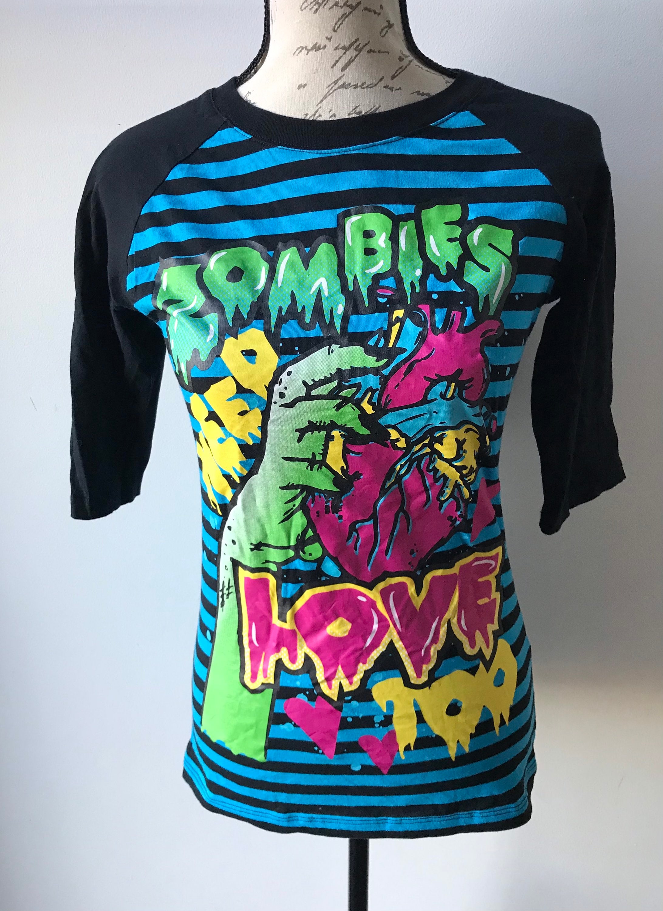 Unique “zombies Need Love Too” Striped 3/4 Sleeve Top Shirt Hot