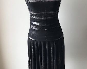 Ultra Cute Vintage Dark Brown/Black Foil Dress Handkerchief Pixie Hem Y2K Fairycore Goth Prom