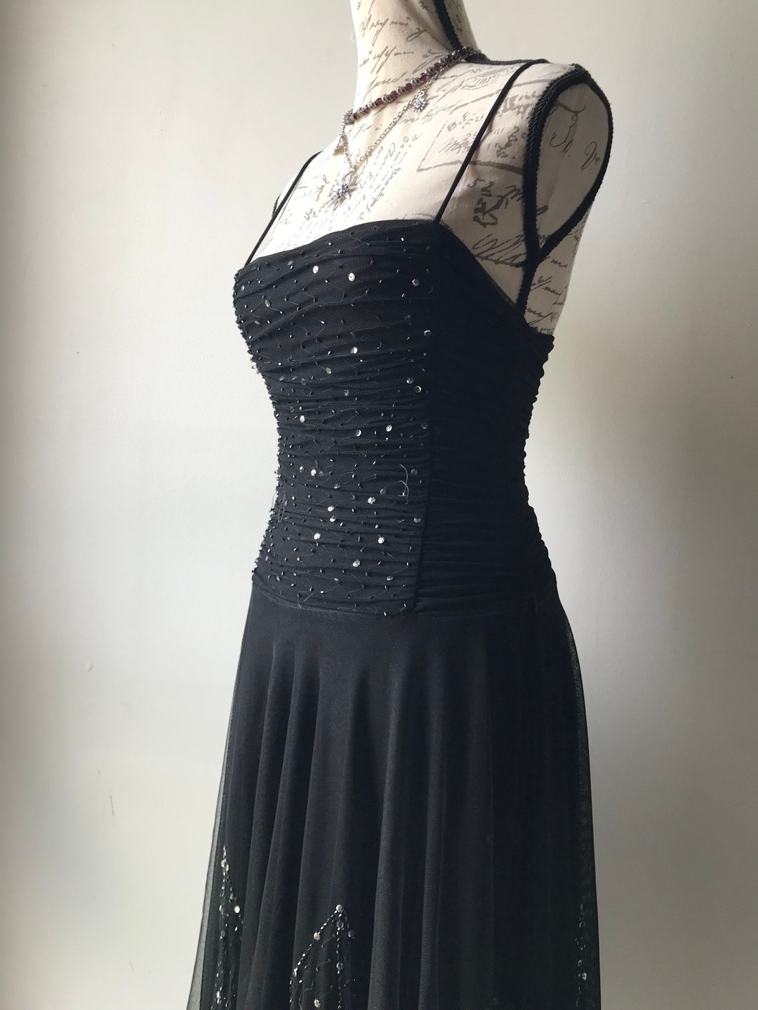 Vintage Black Long Spaghetti Strap Dress With Rhinestones & - Etsy
