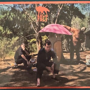 May include: A photograph of a group of people in a wooded area. The image features a large mushroom structure with a pink cap. The word "PRET" is visible above the people, along with a silhouette of an animal.