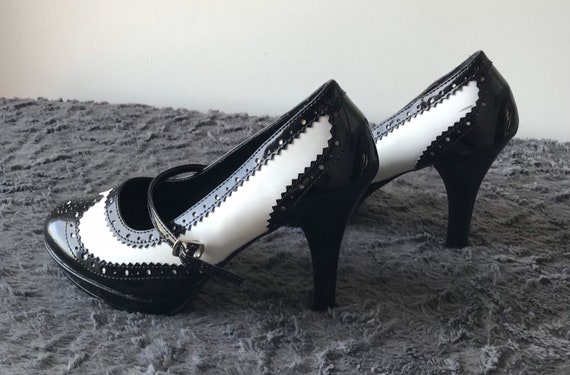 Black & White Wingtip Mary Jane High Heel Shoes L… - image 3