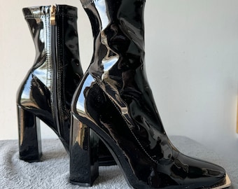 Simmi Of London Shiny Black Patent Square Toe Platform High Heel Boots Goth Fetish Fashion