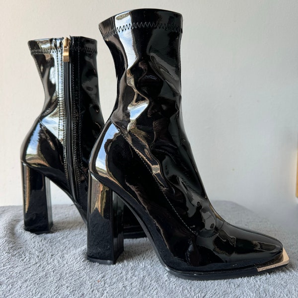 Simmi Of London Shiny Black Patent Square Toe Platform High Heel Boots Goth Fetish Fashion