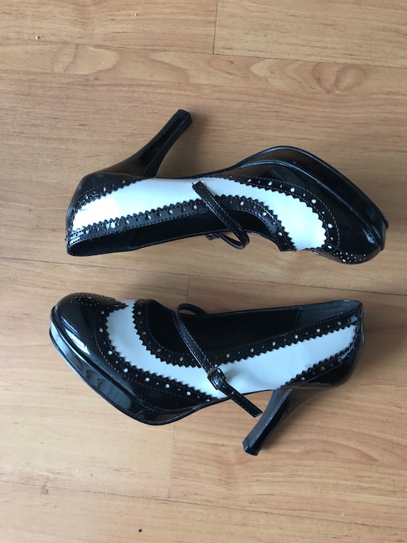 Black & White Wingtip Mary Jane High Heel Shoes L… - image 1