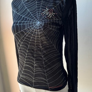 Y2K Vintage DKNY Jeans Spider Web Mesh Blouse With Red Jeweled Spider Goth Halloween Emo Lolita image 4