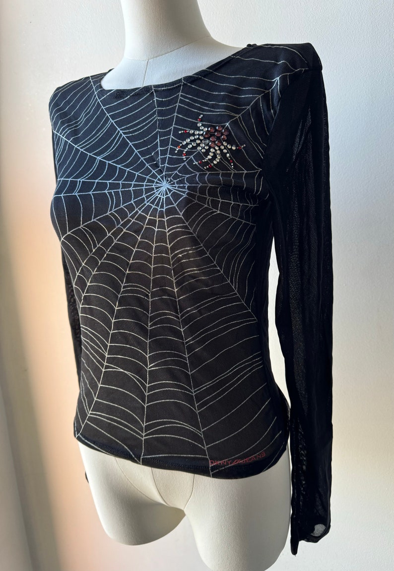 Y2K Vintage DKNY Jeans Spider Web Mesh Blouse With Red Jeweled Spider Goth Halloween Emo Lolita image 4