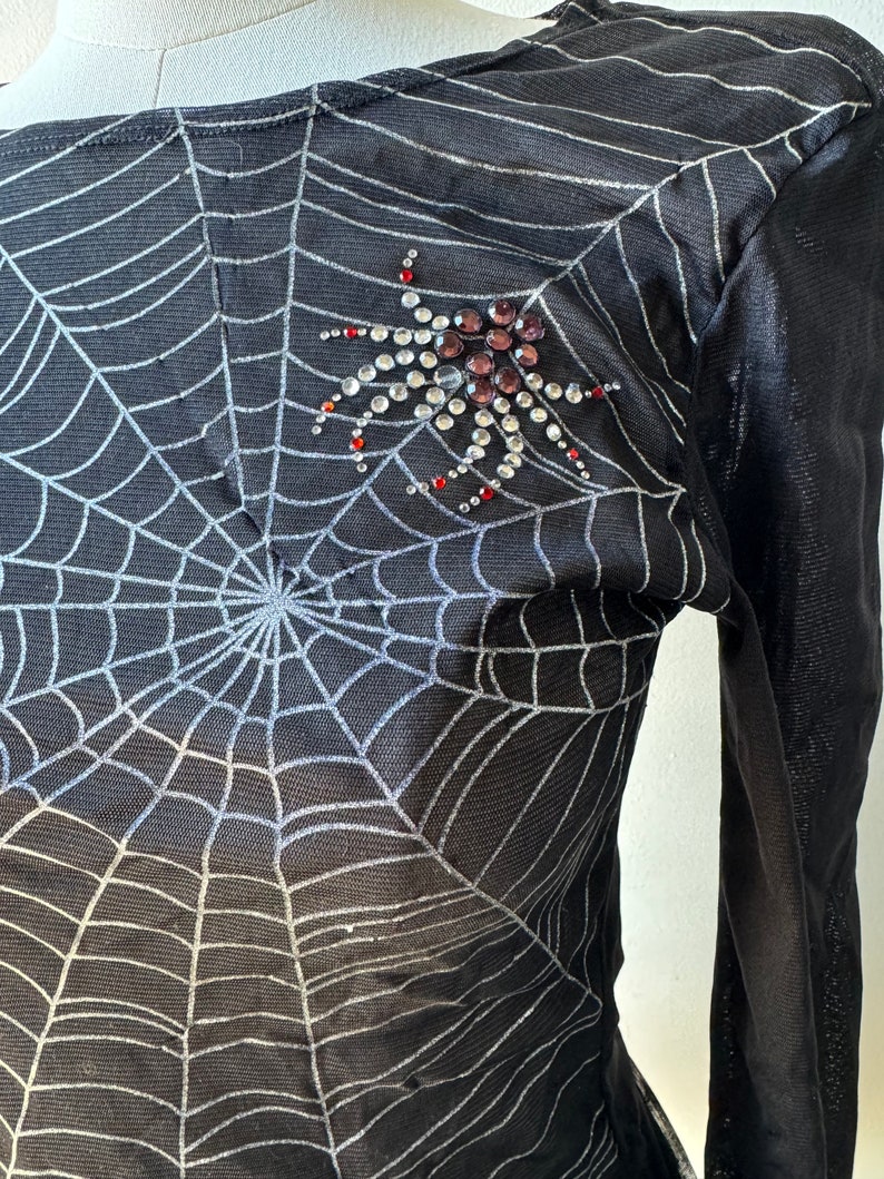 Y2K Vintage DKNY Jeans Spider Web Mesh Blouse With Red Jeweled Spider Goth Halloween Emo Lolita image 3