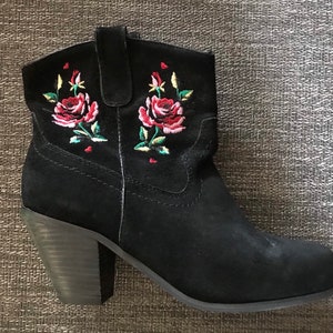 Betsey Johnson Embroidered Black Suede Western Ankle Boots Booties