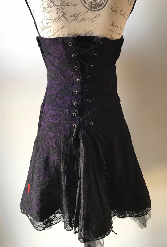 Y2K Tripp NYC Womens Strapless Black/purple Lace Overlay Goth Corset Tulle  Dress Prom Emo Lolita Witch Club Formal Prom 