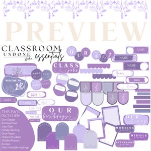 Può includere: Set di decorazioni stampabili per l'aula in viola e bianco con accenti floreali. Include etichette, striscioni e cartelli con testo come "Il nostro giorno", "Lavori di classe" e "Benvenuti in 2R".