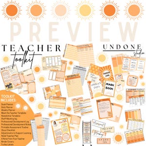 Pu&ograve; includere: Una collezione di risorse per la pianificazione e l'organizzazione degli insegnanti stampabili in uno schema di colori arancione e giallo brillante. Il testo "Teacher Toolkit" &egrave; presente nell'immagine. Il kit include un planner da scrivania, un planner giornaliero, un planner settimanale, un modello per conoscere l'insegnante, un modello di newsletter, un registro delle riunioni del personale, un registro di sviluppo professionale, note di sviluppo professionale, un tracker di valutazione stampabile, una checklist di classe, adattamenti per supportare l'apprendimento, un piano per l'insegnante di soccorso, una nota dal tuo insegnante, copertine per raccoglitori ed etichette per carrelli.