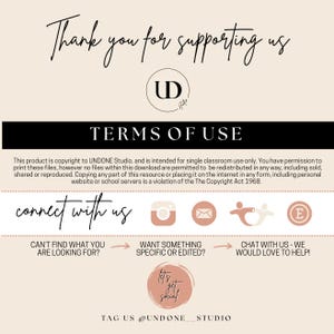 Pu&ograve; includere: Una grafica con il testo "Thank you for supporting us" e le iniziali "UD" in un cerchio. Il testo "TERMS OF USE" &egrave; in un riquadro nero. Il testo sotto spiega i termini di utilizzo del prodotto. La grafica include icone di social media e il testo "connect with us".