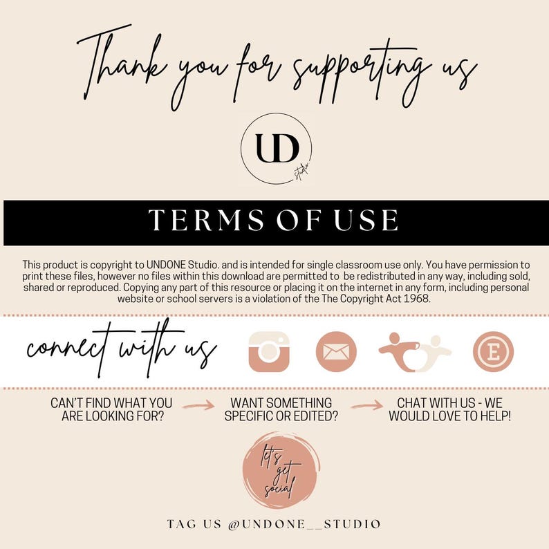 Pu&ograve; includere: Una grafica con il testo "Thank you for supporting us" e le iniziali "UD" in un cerchio. Il testo "TERMS OF USE" &egrave; in un riquadro nero. Il testo sotto spiega i termini di utilizzo del prodotto. La grafica include icone di social media e il testo "connect with us".